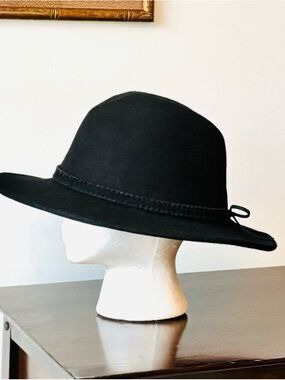 Treasure & Bond Black 100% Wool Wide-Brim Fedora Hat with Ribbon Detail-OS